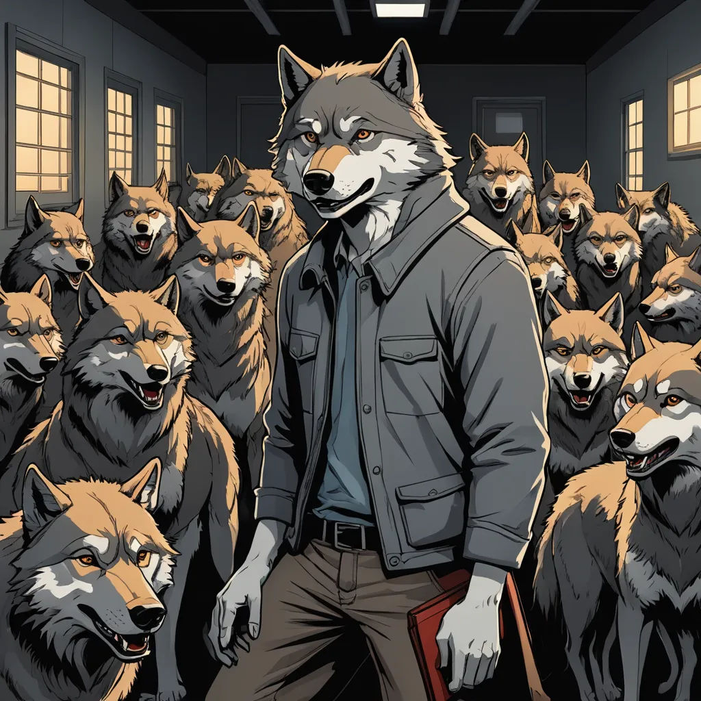 a man standing in front of a large group of wolfs in a room with windows and a door, furry art, a comic book panel, Benjamin Marra, furaffinity