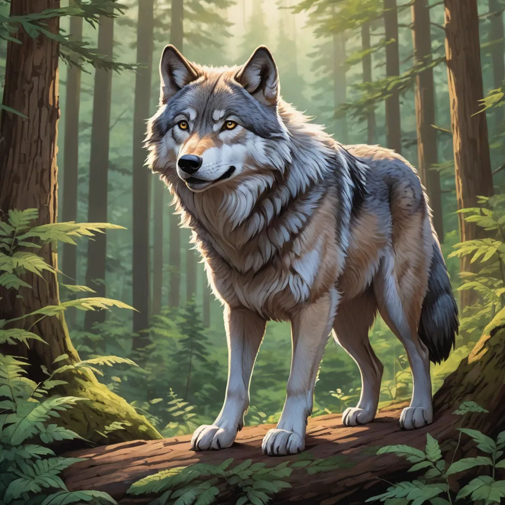 a wolf standing on a log in a forest with trees and ferns on the ground and a sun shining through the trees, furry art, an illustration of, Dan Mumford, official art