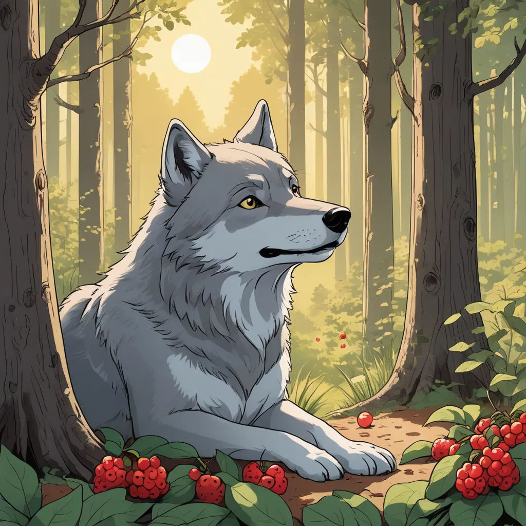 a wolf sitting in the woods with berries around him and a sun shining through the trees behind it,, furry art, a character portrait, Brom, forest