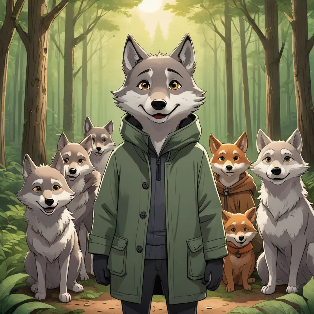 a man standing in front of a group of foxes in a forest with trees and grass behind him, with a forest background, furry art, an album cover, Caspar Wolf, furaffinity