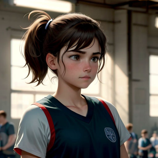 a girl with a ponytail standing in a building with other people in the background and a video game character in the foreground