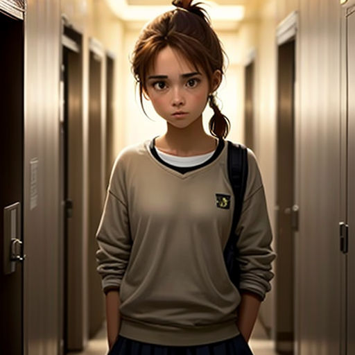 a girl standing in a hallway with a backpack on her shoulder and a ponytail in her hair, looking at the camera