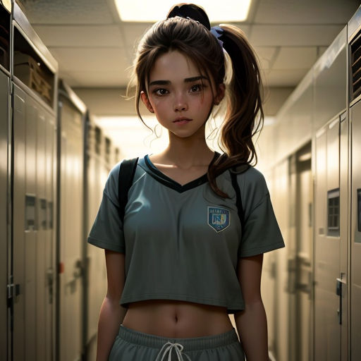 a girl in a locker room with a ponytail in her hair and a shirt on her shoulders, standing in a hallway