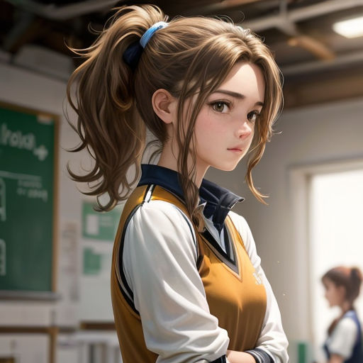 a girl with a ponytail standing in a room with a green sign behind her and a girl with a ponytail standing in a room with a green sign behind her