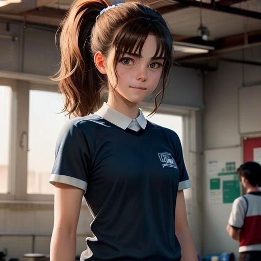 a girl in a uniform is standing in a building with a ponytail in her hair and a ponytail in her hair