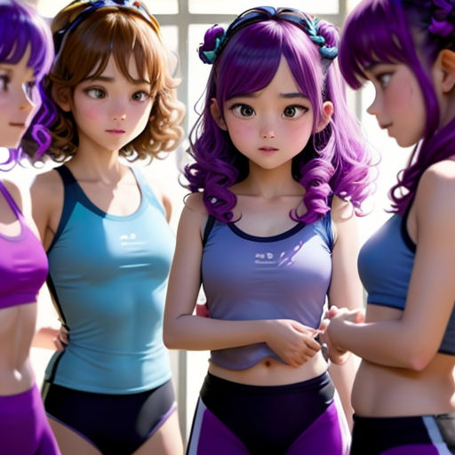 a group of young women standing next to each other in sports wear, with purple hair and blue tops