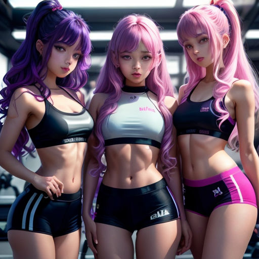 three women in sports bras and shorts posing for a picture together in front of a gym equipment area