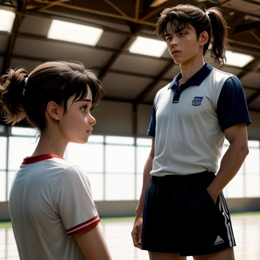a man and a woman standing in a gym together, facing each other, with a basketball court in the background