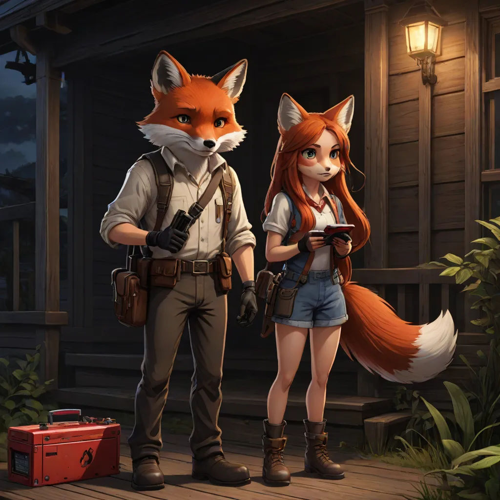 a man and a woman standing next to each other in front of a house with a fox on the porch, Cliff Childs, furry art, a detailed painting, official art