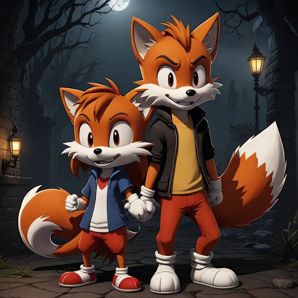 a couple of foxes standing next to each other on a street at night with a full moon in the background, Andries Both, sots art, concept art, official art