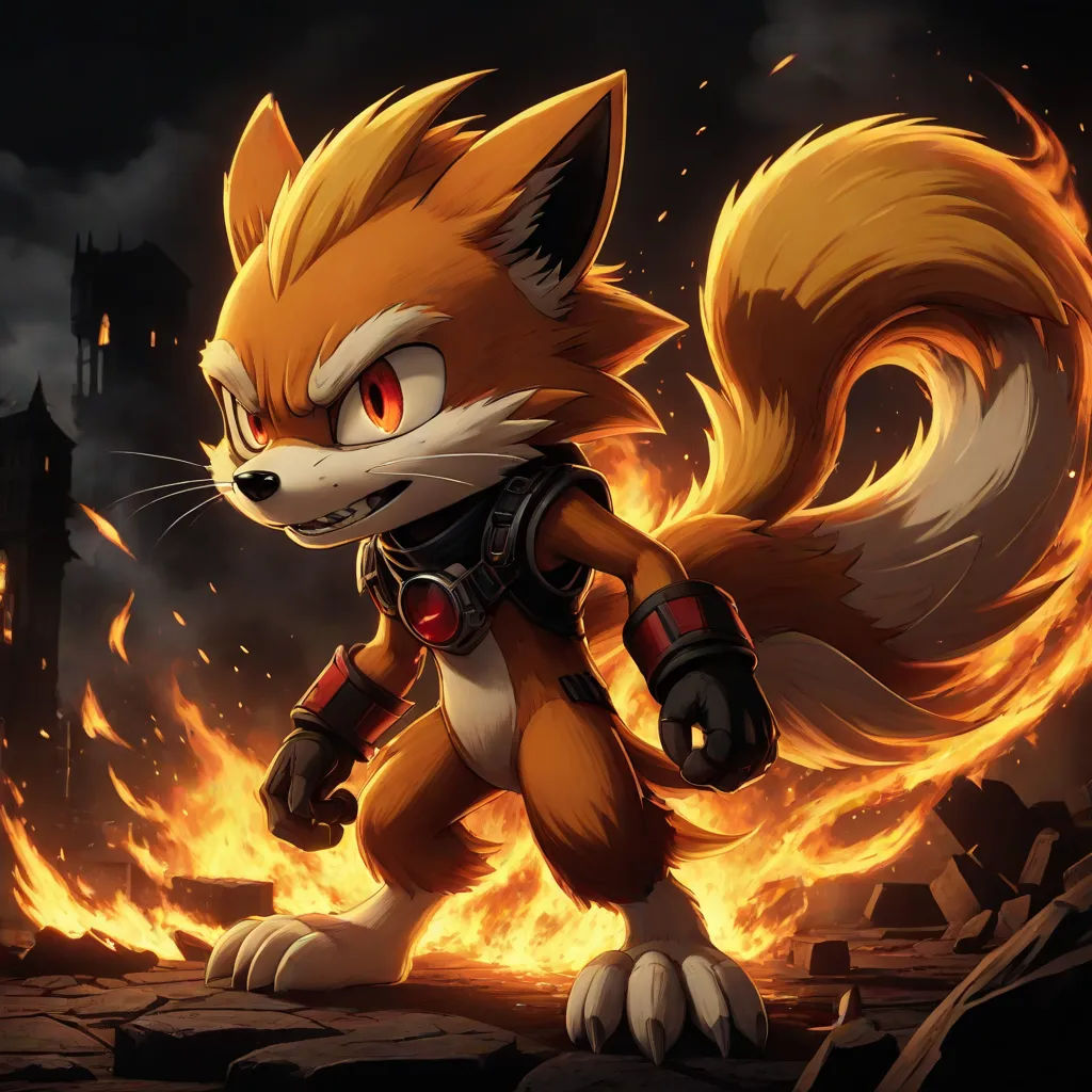 a cartoon character with a fire background and a fox like face and tail, standing in front of a fire, Cedric Seaut (Keos Masons), sots art, concept art, official art