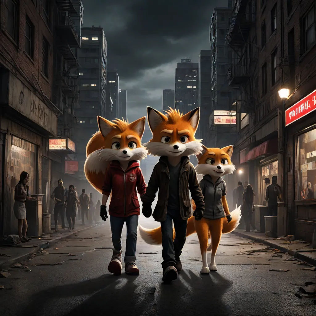 a man and two foxes walking down a street at night with people walking by onlookers in the background, Chris LaBrooy, furry art, concept art, key art