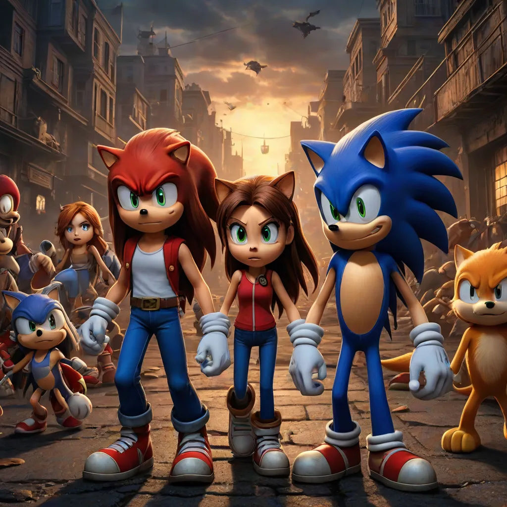 a group of sonic the hedgehogs standing in a street with a city background and a cat in the foreground, Chris LaBrooy, sots art, concept art, official art