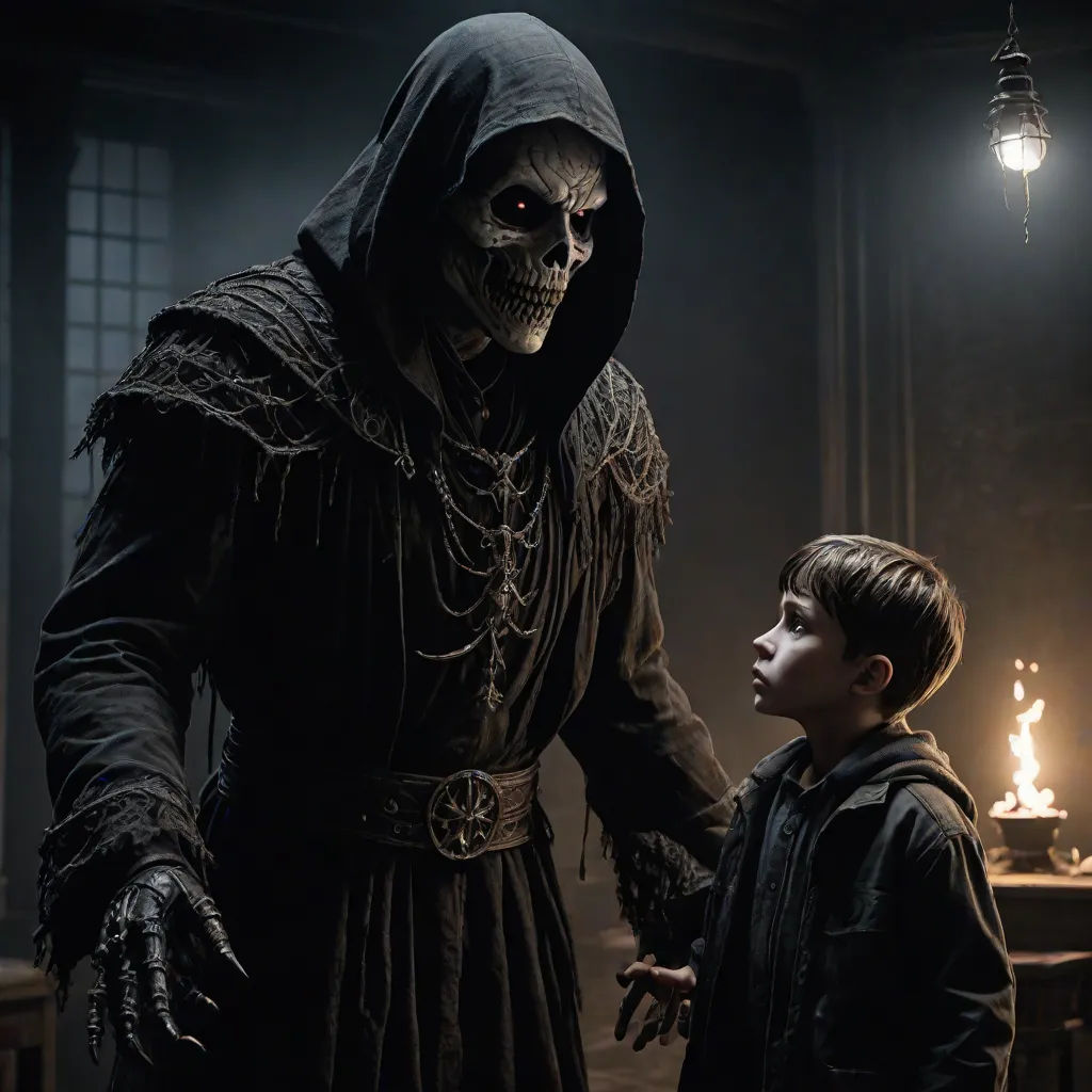 a boy and a skeleton in a dark room with a light on the ceiling and a candle in the background, Eddie Mendoza, gothic art, concept art, promotional image