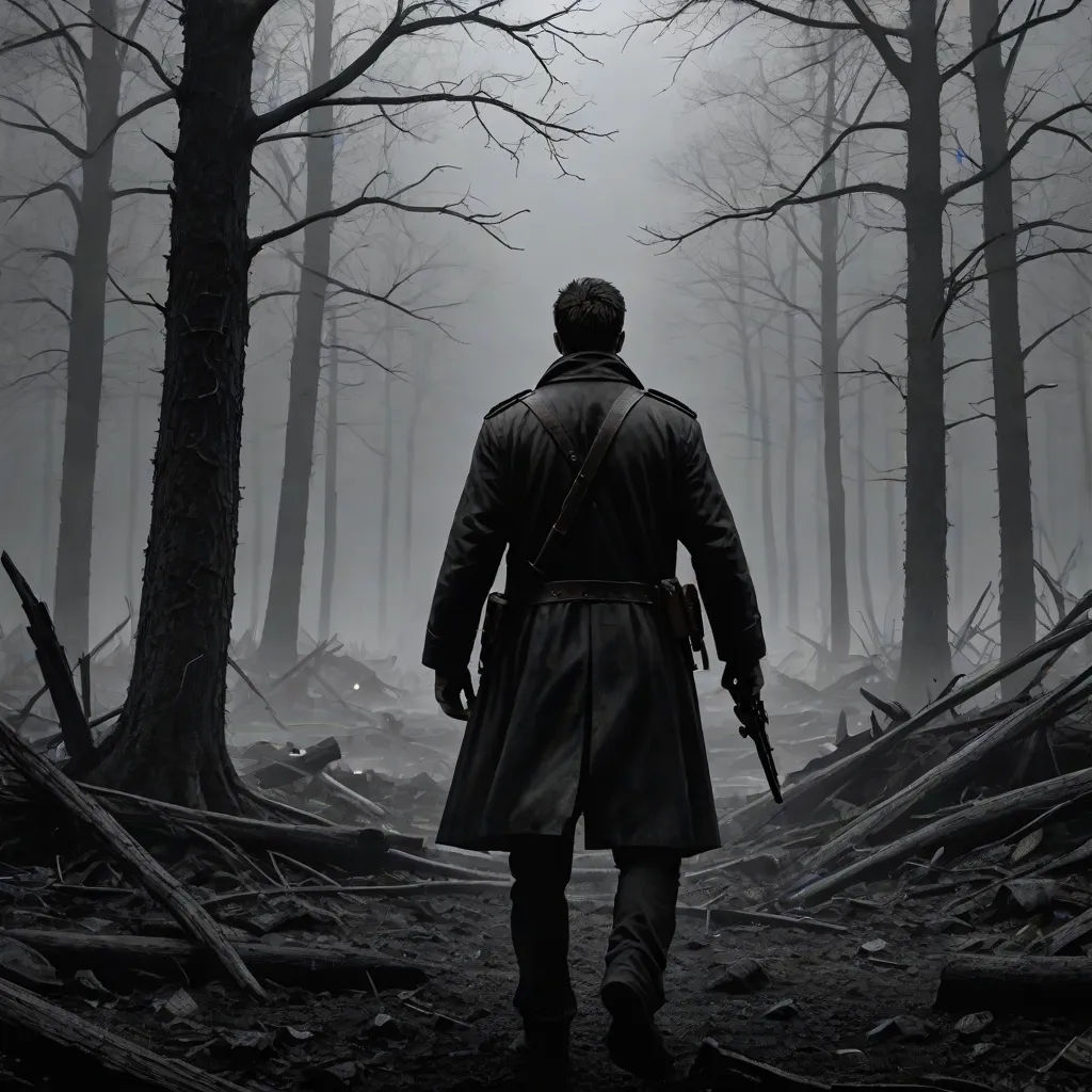 a man in a trench coat walking through a forest with trees and debris on the ground in the fog, Dirk Crabeth, american romanticism, poster art, promotional image