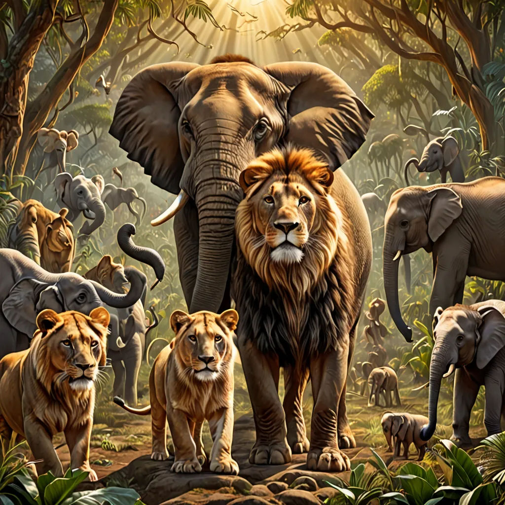 a painting of a group of lions and elephants in a jungle setting with sunlight streaming through the trees and leaves, sumatraism, a digital painting, Chris LaBrooy, highly detailed digital painting