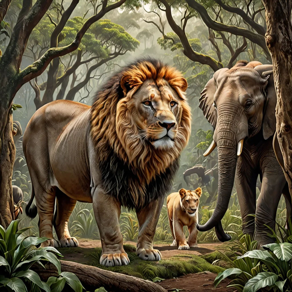 a painting of a lion and a lion cub in a jungle setting with other animals in the background and trees, fantastic realism, an airbrush painting, Brothers Hildebrandt, highly detailed digital painting