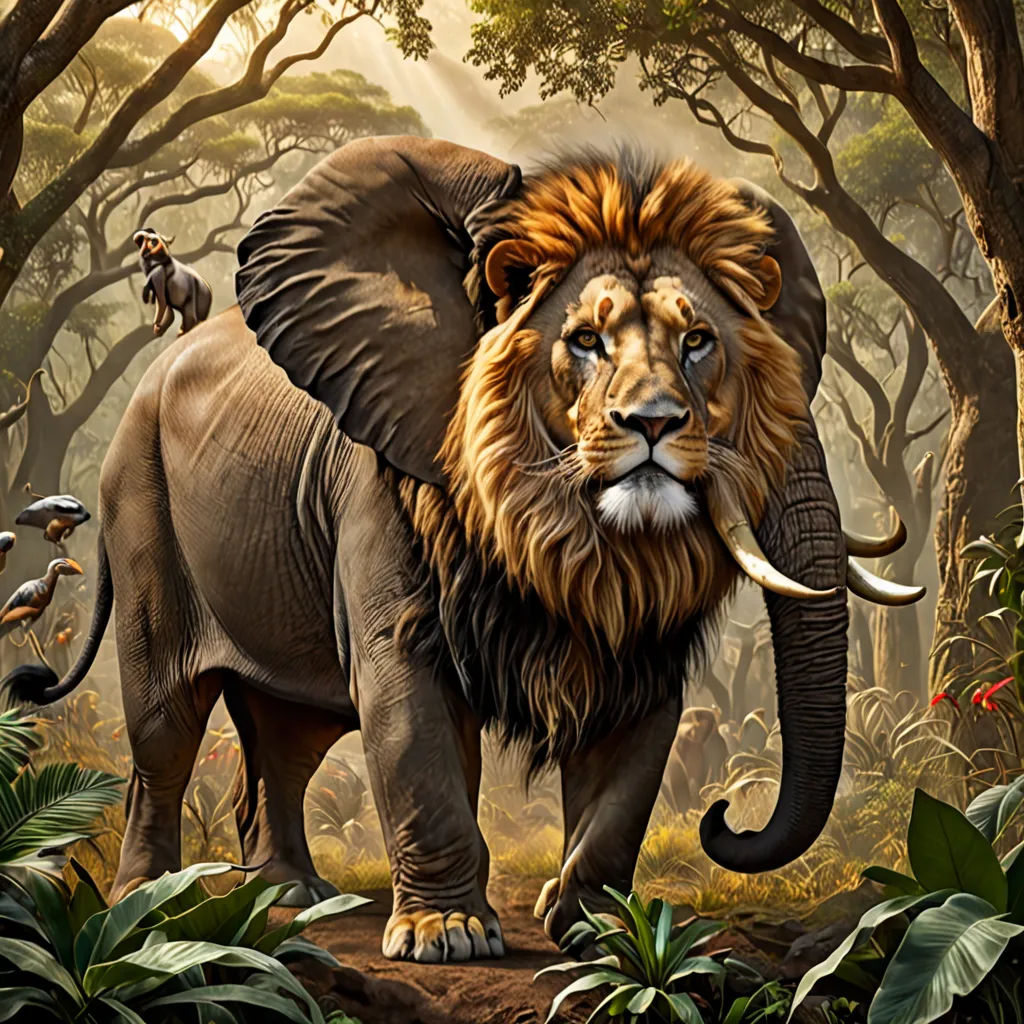 a painting of a lion with a long tusk and a long tail walking through a jungle with other animals, photorealism, an airbrush painting, Chris LaBrooy, highly detailed digital painting