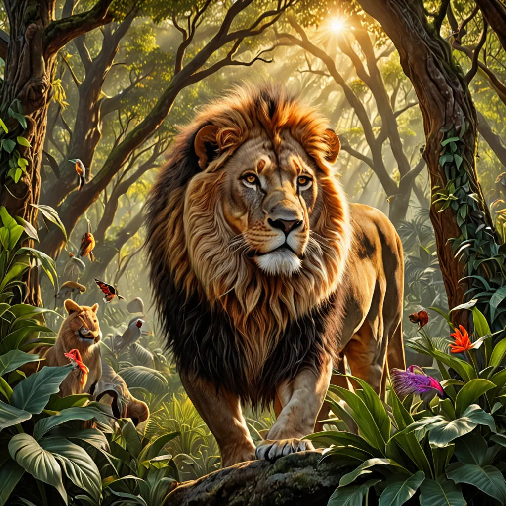 a painting of a lion walking through a forest of trees and flowers with butterflies around it and a sunbeam, sots art, a detailed matte painting, Chris LaBrooy, official art