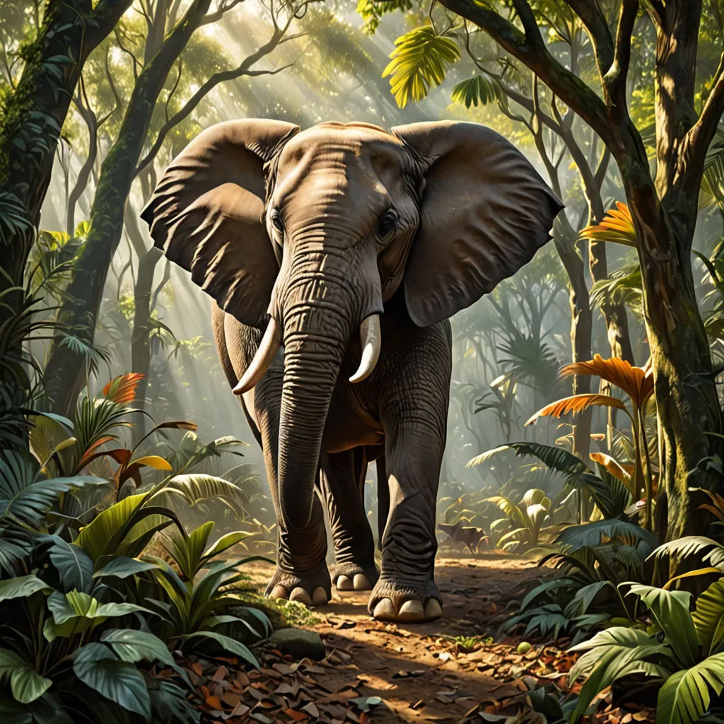 an elephant walking through a jungle with trees and plants around it's sides and a path leading to the top of the picture, sumatraism, a detailed matte painting, Chris LaBrooy, jungle