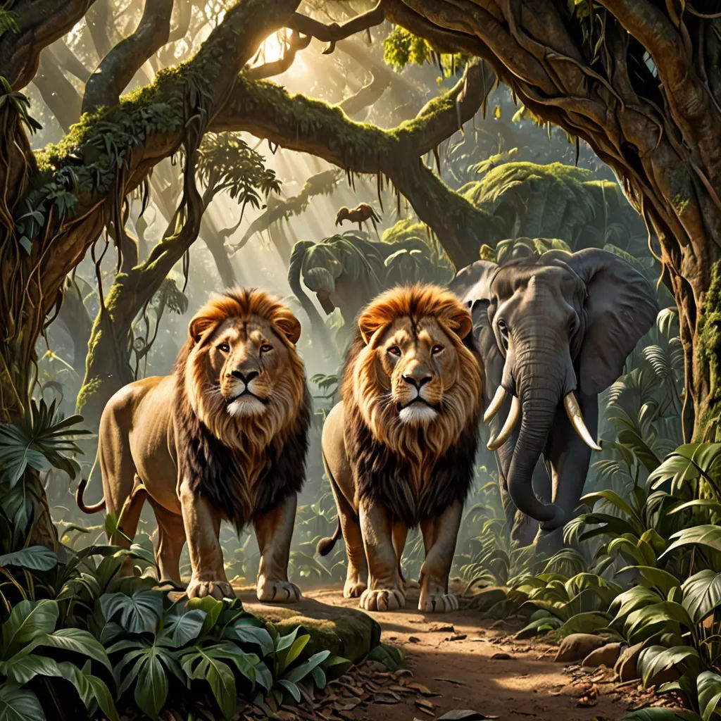 two lions walking through a jungle with trees and plants in the background, with a sunbeam in the foreground, fantastic realism, a detailed matte painting, Brothers Hildebrandt, highly detailed digital painting