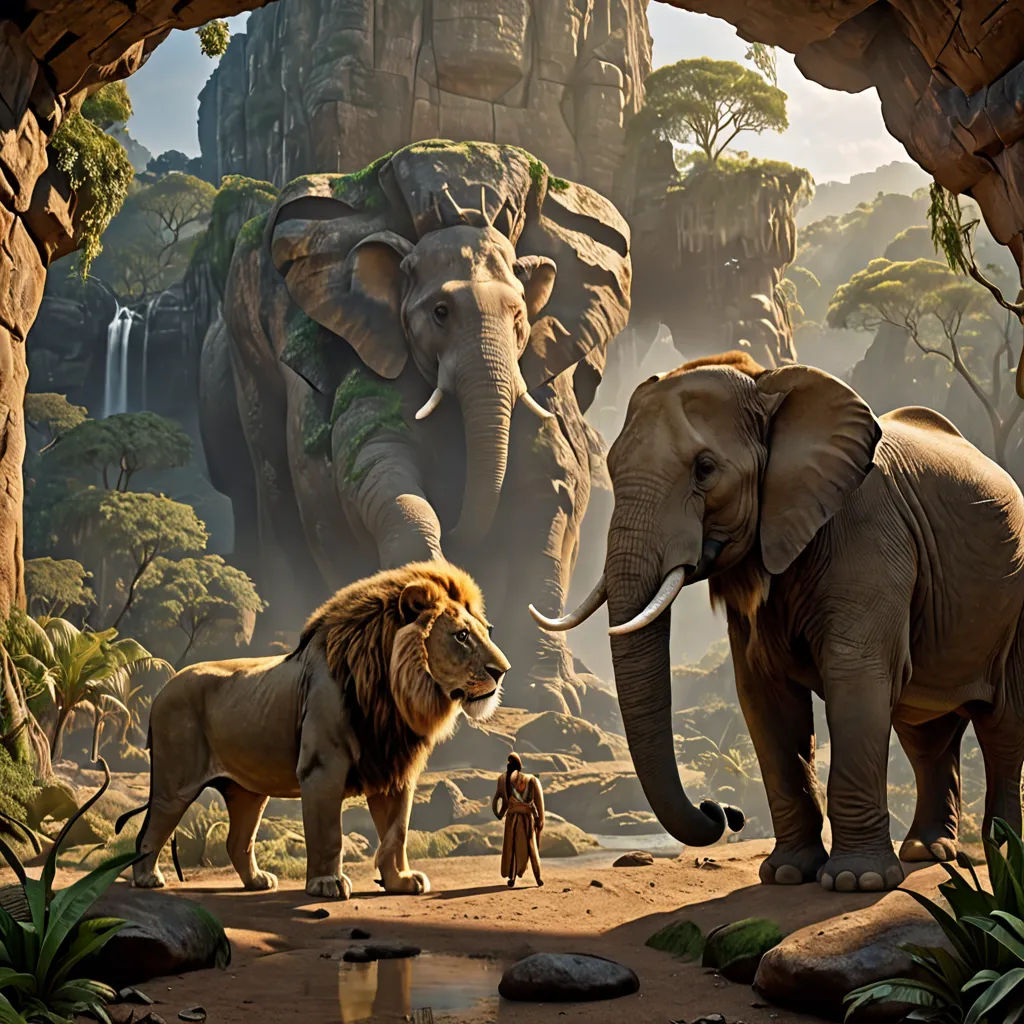 a group of elephants standing in a cave with a man standing next to them and a waterfall in the background, photorealism, a detailed matte painting, Chris LaBrooy, promotional image