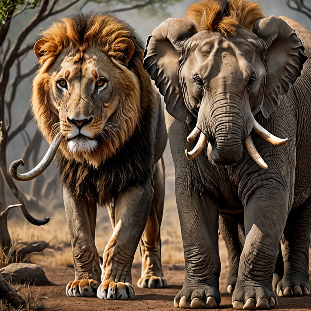 two large elephants walking down a dirt road next to trees and bushes with long tusks on their heads, sumatraism, a digital painting, Chris LaBrooy, animal photography