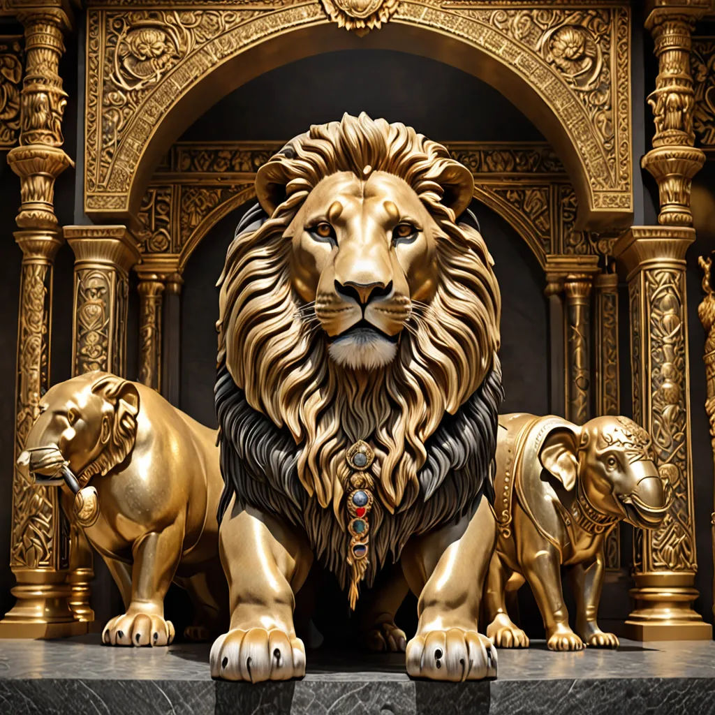 a statue of a lion and two lions on a pedestal in front of a doorway with a gold frame, fantasy art, a bronze sculpture, Chris LaBrooy, cgstudio