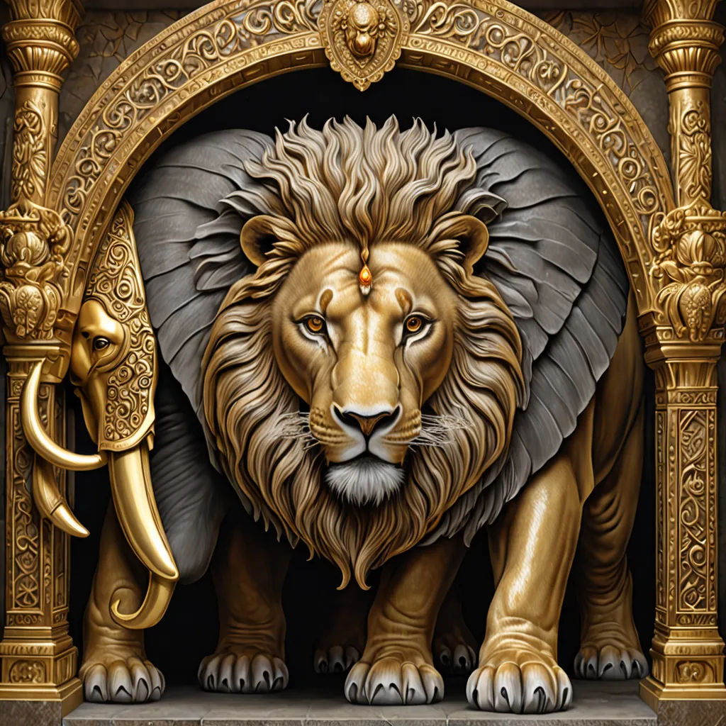 a statue of a lion with a sword in its mouth and a lion head on the front of it, samikshavad, a digital rendering, Anthony Devas, highly detailed digital painting