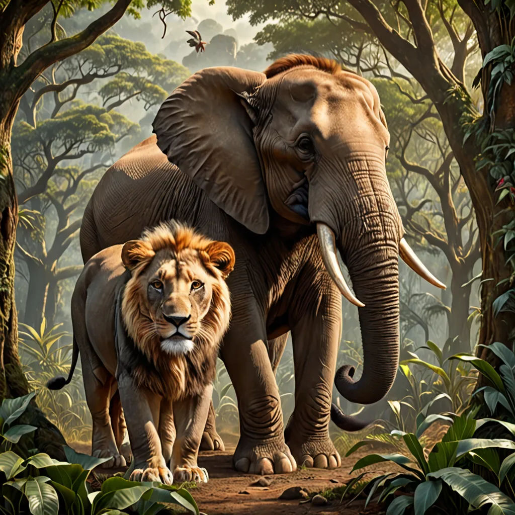 a couple of elephants standing next to each other in a forest filled with trees and bushes and a lion, sumatraism, a detailed matte painting, Chris LaBrooy, highly detailed digital painting