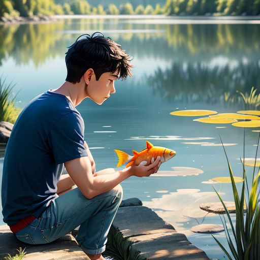 The Boy Sits and Catches Fish in a Pond