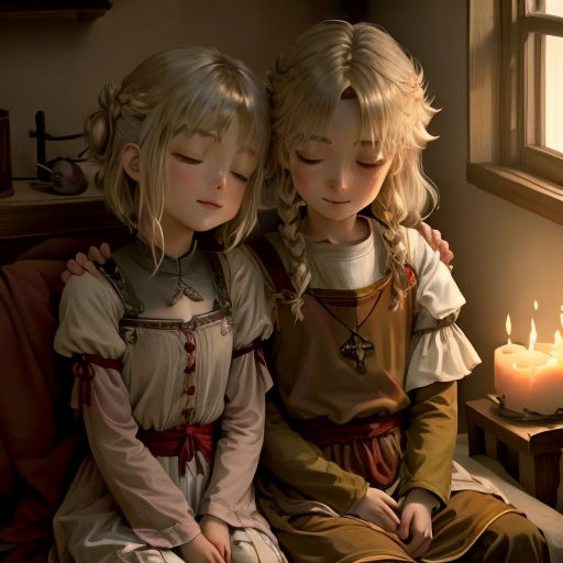 two little girls sitting next to each other on a couch next to a window with candles in the background