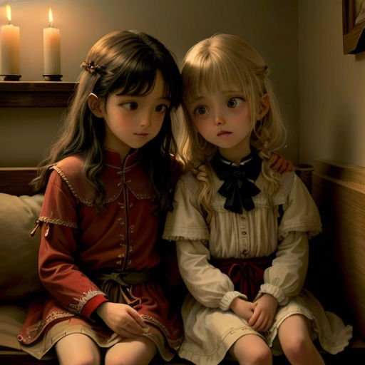 two little girls sitting on a bed next to each other with candles in the background and a picture of a candle lit wall behind them