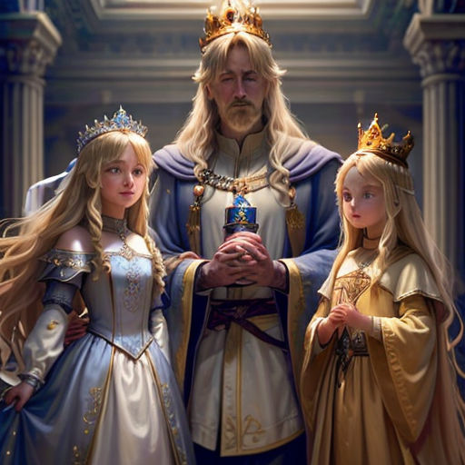 a man and two girls dressed in medieval costumes standing next to each other in front of a doorway with a light shining on them