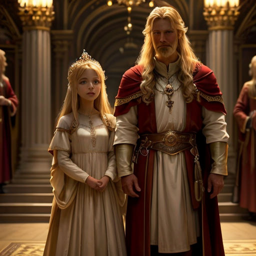 a man and a woman dressed in medieval clothing standing in a hall with other people in the background wearing red and white robes