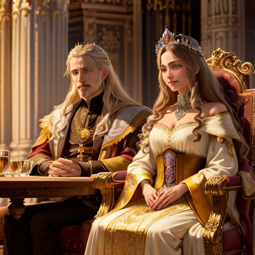 a man and a woman dressed in medieval clothing sitting at a table with a glass of wine in front of them