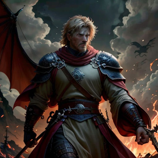 a man in armor with a dragon on his shoulder and a sword in his hand, standing in front of a fire
