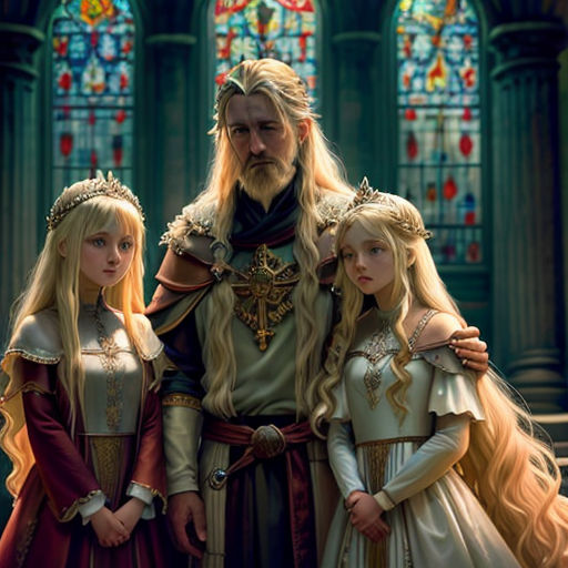 a man and two girls standing next to each other in front of stained glass windows in a church with stained glass windows