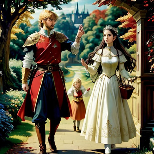 a man and woman dressed in medieval clothing walking down a path with a child in a basket in hand