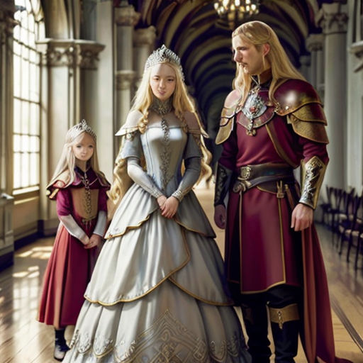 a man and woman in medieval costumes standing next to a little girl in a dress and tiara in a hall