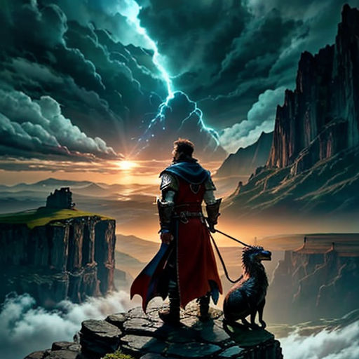 a man standing on top of a mountain next to a dog on a cliff under a cloudy sky with lightning