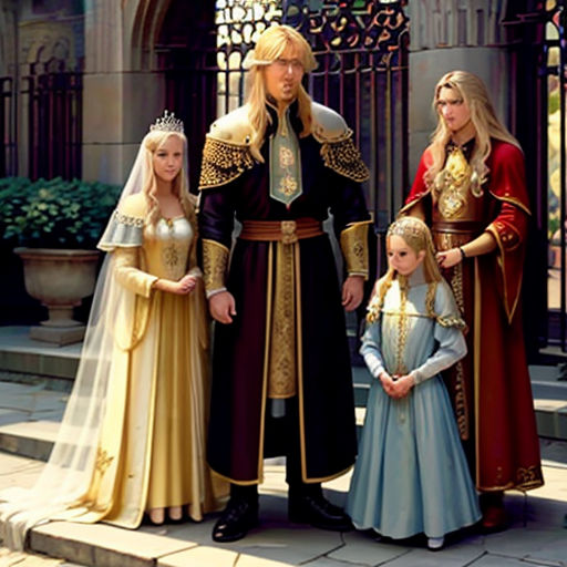 a family dressed in medieval costumes standing outside a building with a gate in the background and a woman in a long dress