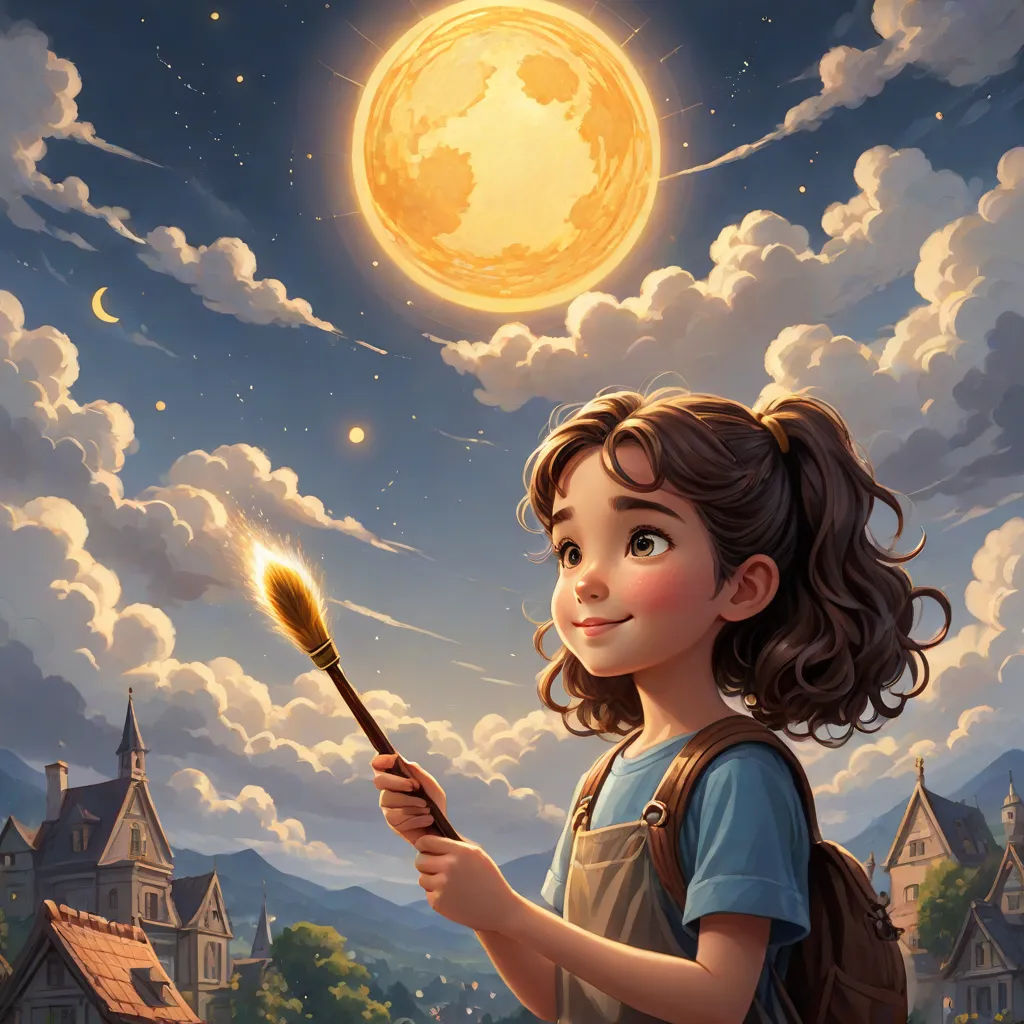 a girl holding a brush and a yellow moon in the sky above her head is a full moon and a full moon, Brad Kunkle, fantasy art, a detailed painting, trending on art station