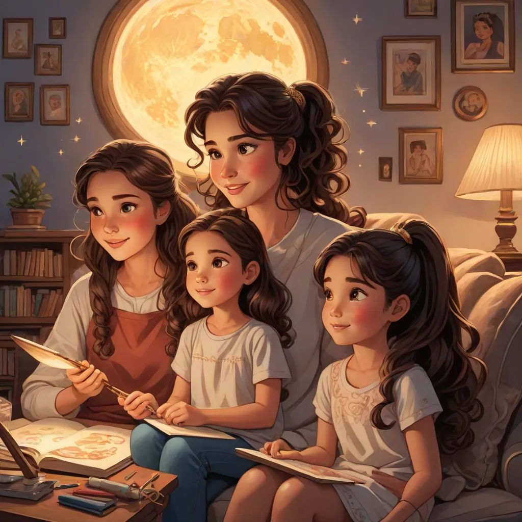 a painting of a family reading a book together in front of a full moon and a lamp on a table, Cyril Rolando, space art, a storybook illustration, moon