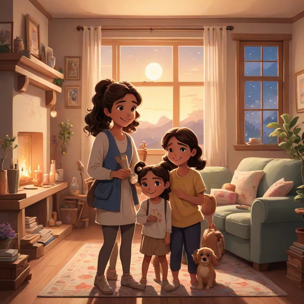 a family standing in a living room together with a dog and a cat on the floor in front of a window, Chris LaBrooy, american scene painting, a storybook illustration, official art