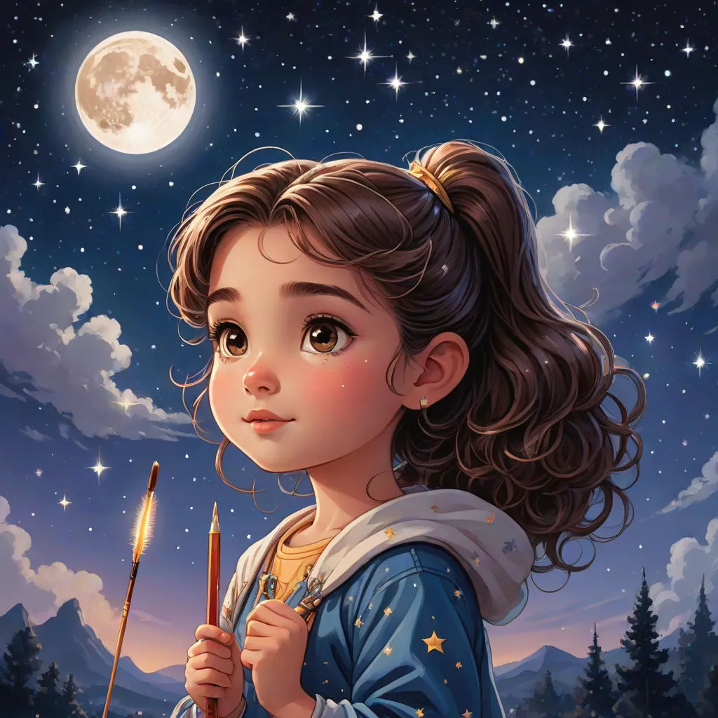 a painting of a girl holding a paintbrush and a paintbrush in her hand with a full moon in the background, artist, space art, a storybook illustration, trending on art station