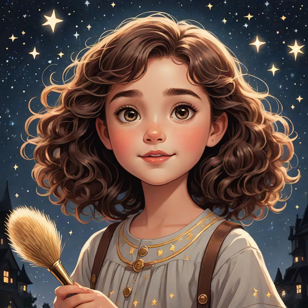 a painting of a girl holding a brush in her hand and looking at the sky with stars in the background, artist, fantasy art, a detailed painting, trending on art station