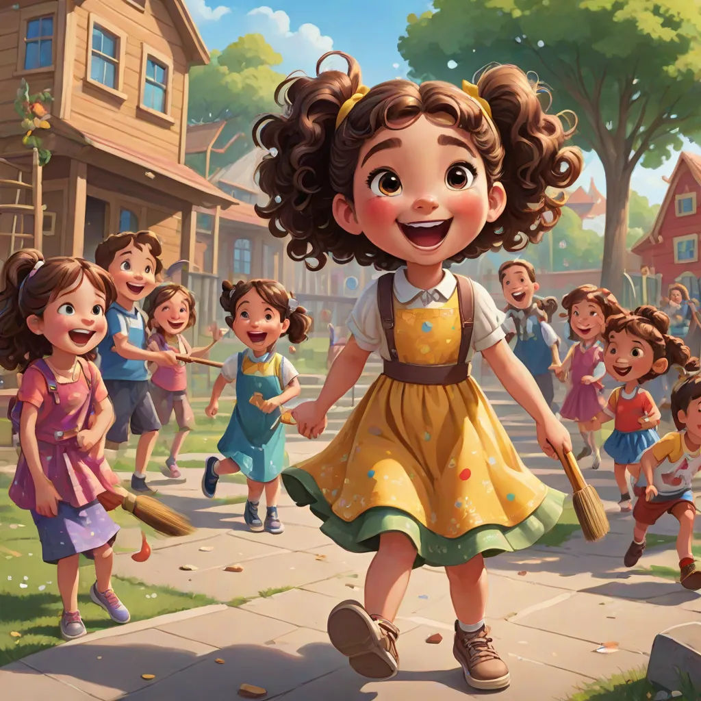 a cartoon girl is walking down the street with a group of children behind her and a house in the background, Alejandro Burdisio, american scene painting, a storybook illustration, official art