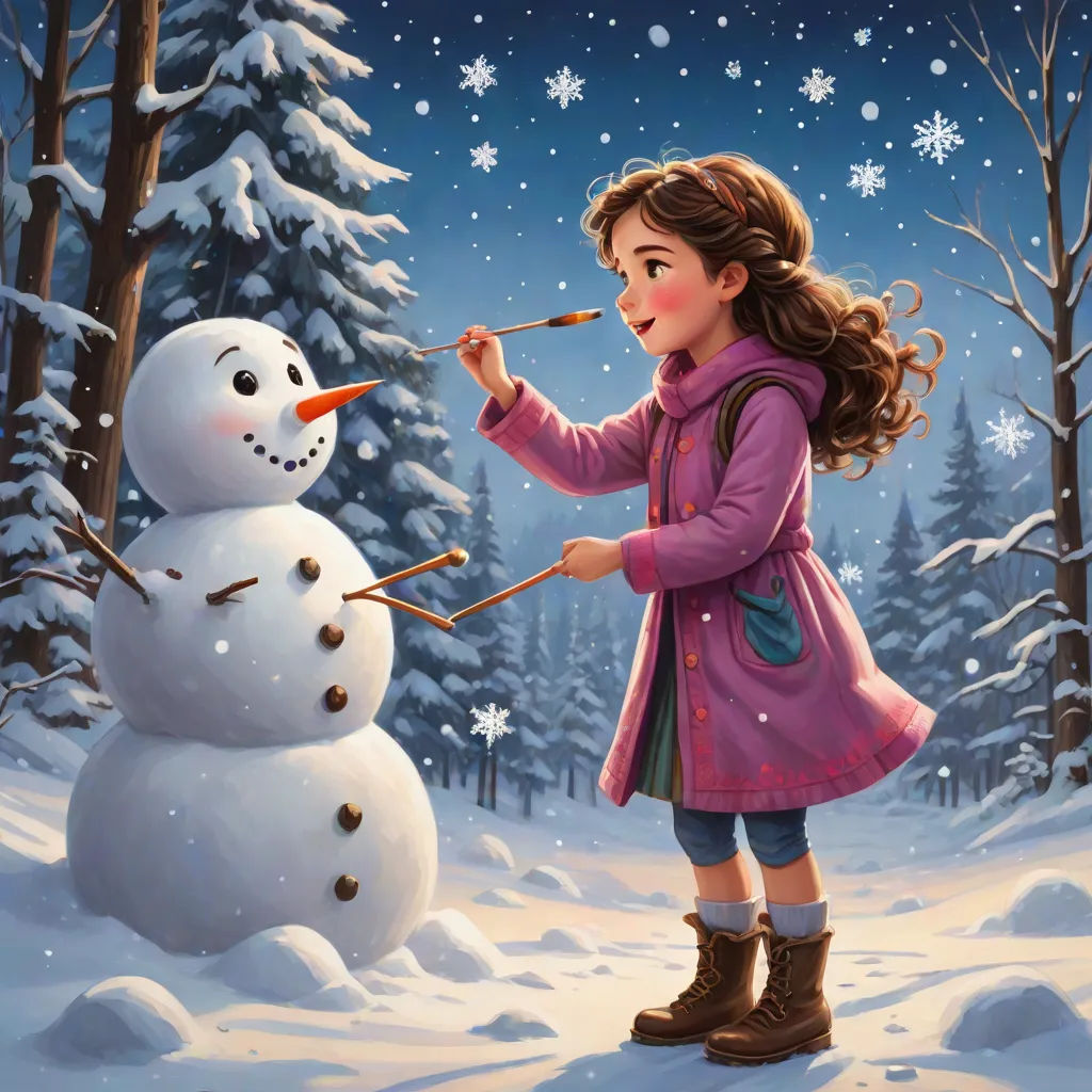 a painting of a girl painting a snowman in the snow with a brush and a snowman behind her, Clarice Beckett, naive art, a storybook illustration, detailed painting