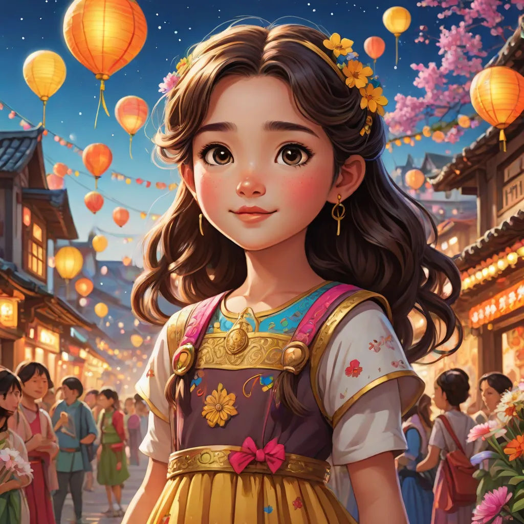 a girl in a dress standing in front of a crowd of people with lanterns in the sky above her, Chen Lin, cloisonnism, a storybook illustration, kinkade
